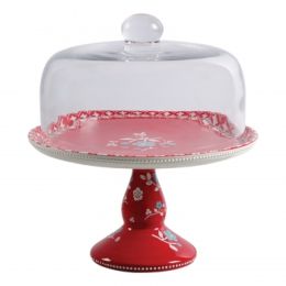 General Store Cherry Diner 10.25 in. Hand Painted Durastone Cake Stand with Glass Dome