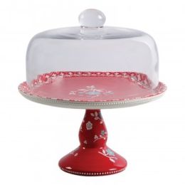 General Store Cherry Diner 10.25 in. Hand Painted Durastone Cake Stand with Glass Dome