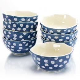 Life On The Farm 8 Piece 4.75 Inch Octagon Shaped Durastone Fruit Bowls in Blue/White