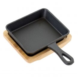 Gibson Home Campton 5.3 Inch Mini Square Cast Iron Frying Pan with Wooden Base