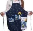 Dark Blue Kitchen Apron Art Works Bib Aprons with Pocket and Hand Towel