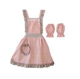 Girls Living Home Cotton Apron  Overalls Apron and Oversleeves,Pink Love