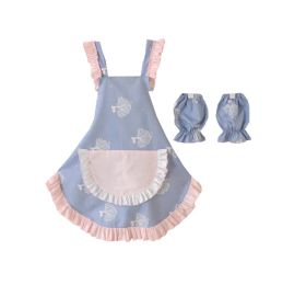 Cute Beautiful Cotton Strap Girls Home Apron And Oversleeves,Pink Pocket