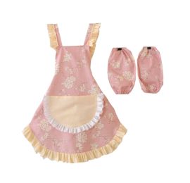 Beautiful Cute Cotton Strap Girls Home Apron And Oversleeves,Pink
