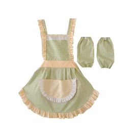 Cute Beautiful Cotton Strap Girls Home Apron And Oversleeves,Blue