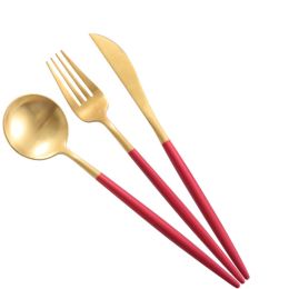 Creative Stainless Steel Three-piece Tableware, Red And Golden