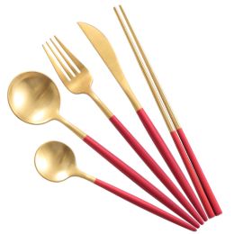 Creative Stainless Steel Five-piece Tableware, Red And Golden