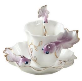 Goldfish Coffee Cup Set With Saucer Steel Spoon European Ceramic Teacup,Purple