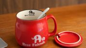 Lovely Ceramic Cup Coffee Tea Mugs Suit, Mug + Lid + Spoon, Red