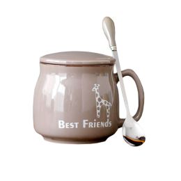 Lovely Ceramic Cup Coffee Tea Mugs Suit, Mug + Lid + Spoon, Light Grey