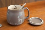 Lovely Ceramic Cup Coffee Tea Mugs Suit, Mug + Lid + Spoon, Light Grey