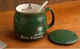 Lovely Ceramic Cup Coffee Tea Mugs Suit, Mug + Lid + Spoon, Dark Green