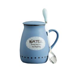 Lovely Ceramic Cup Coffee Tea Mugs Suit, Mug + Lid + Spoon, Blue