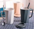 Creative Simple High-capacity Ceramic Cup, Light Gray And Black Cover