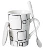 Creative Simple High-capacity Ceramic Cup, Square Plaid And Ceramic Cover