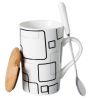 Creative Simple High-capacity Ceramic Cup, Square Plaid Pattern And Bamboo Cover