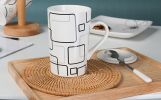 Creative Simple High-capacity Ceramic Cup, Square Plaid Pattern And Bamboo Cover