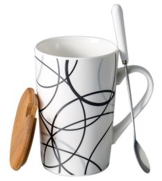 Creative Simple High-capacity Ceramic Cup, Messy Lines And Bamboo Cover