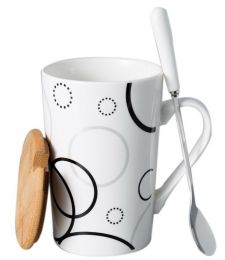 Creative Simple High-capacity Ceramic Cup, Size Circles And Bamboo Cover