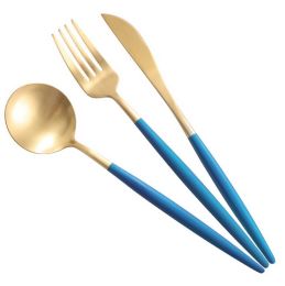 Creative Stainless Steel Three-piece Tableware, Blue And Golden