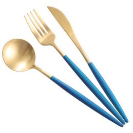 Creative Stainless Steel Three-piece Tableware, Blue And Golden