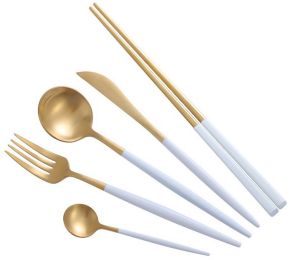 Creative Stainless Steel Five-piece Tableware, White And Golden