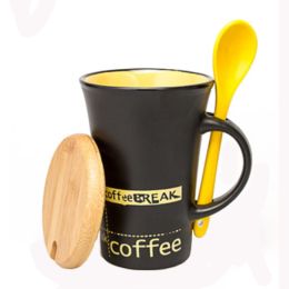 Personalized Tall Ceramic Coffee Mug/ Coffee Cup With Yellow SpoonBlack