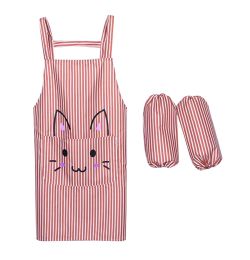 1 piece Classic Stripe Waterproof Cooking Kitchen Aprons with Oversleeves, RED