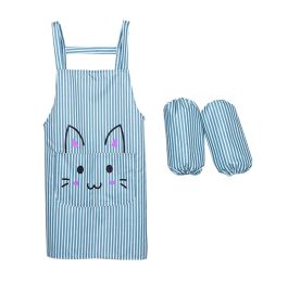 1 piece Classic Stripe Waterproof Cooking Kitchen Aprons with Oversleeves, BLUE