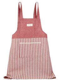 Japanese Style Cotton & linen Cloth with Pocket Unisex Cooking Aprons Stitching Stripe Strap, Red