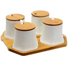 Elama Ceramic Spice, Jam and Salsa Jars with Bamboo Lids &amp; Serving Spoons