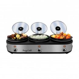 MegaChef Triple 2.5 Quart Slow Cooker and Buffet Server in Brushed Silver and Black Finish with 3 Ceramic Cooking Pots and Removable Lid Rests