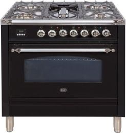 36" Nostalgie Series Freestanding Single Oven Gas Range with 5 Sealed Burners and Griddle in Glossy Black